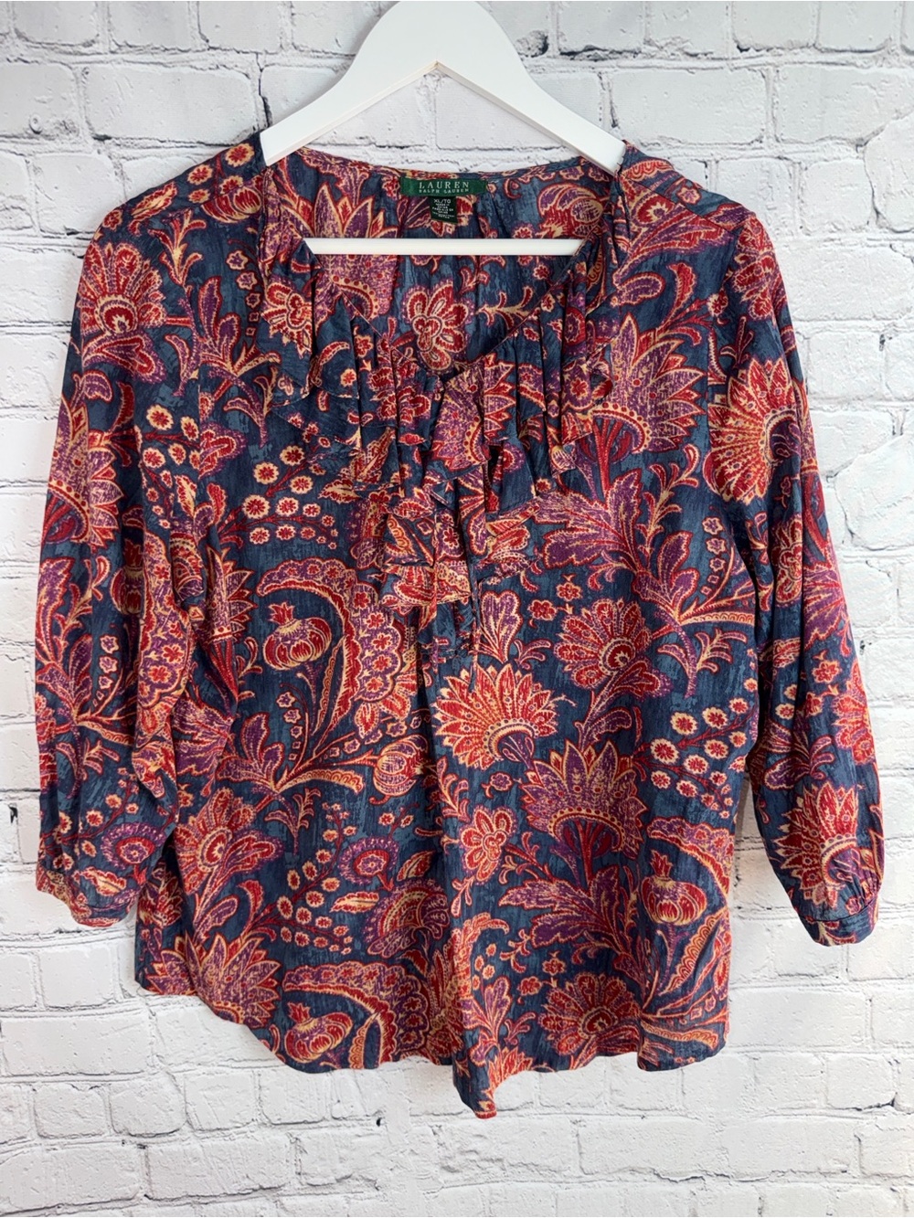 LAUREN RALPH LAUREN Navy Blouse with Red & Blue Pink Paisley Print